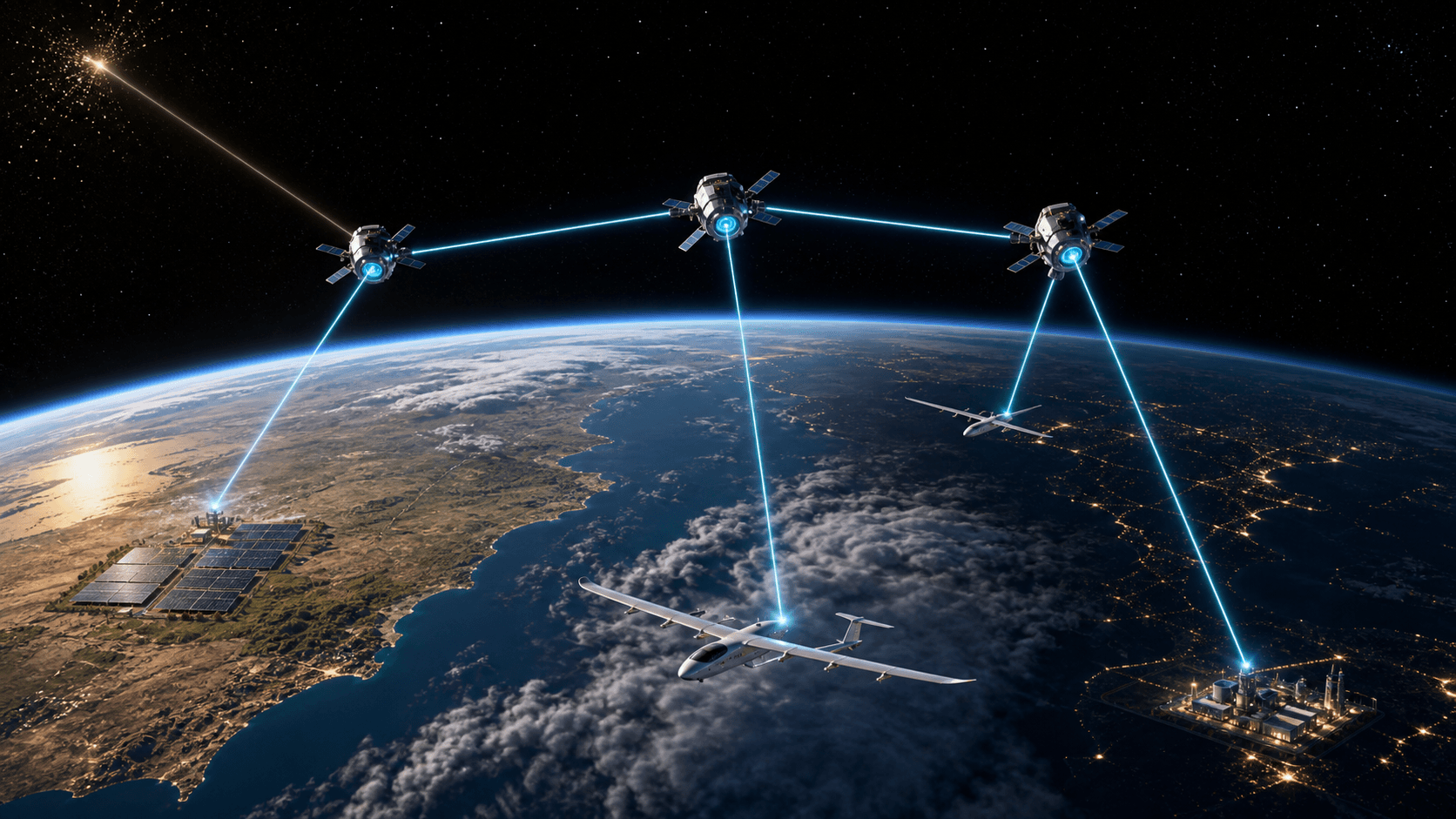 Concept linking terrestrial generation, low-Earth-orbit satellites, aircraft, and demand facilities with laser beams