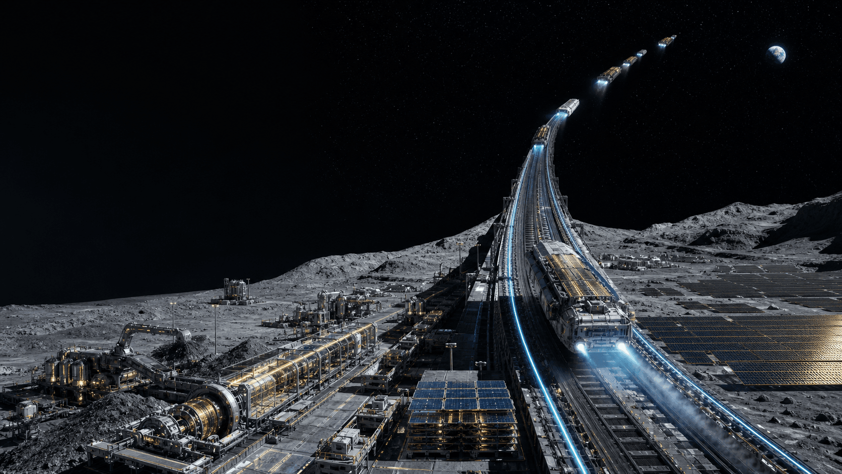 Concept integrating lunar resource processing, solar-panel manufacturing, and an electromagnetic launch track
