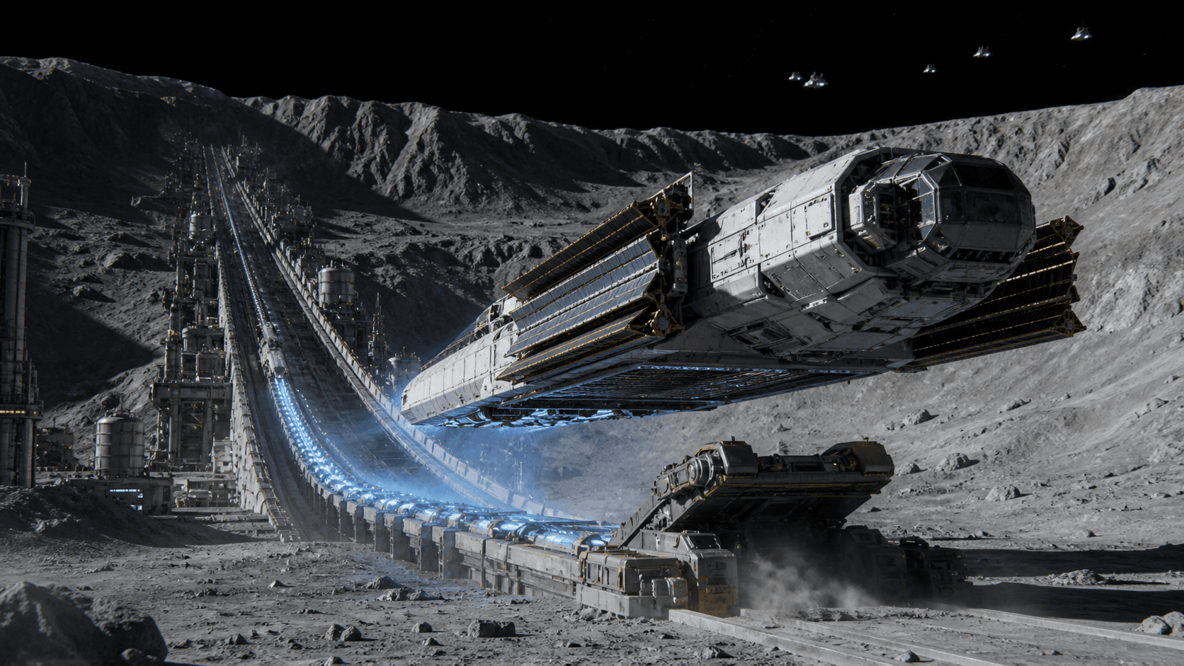 Concept of a lunar mass driver launching manufactured solar panels into space